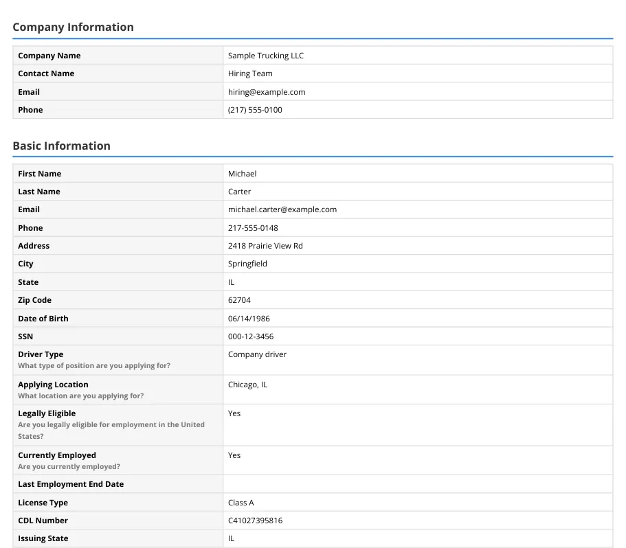 First page of a sample driver application PDF with company and driver information