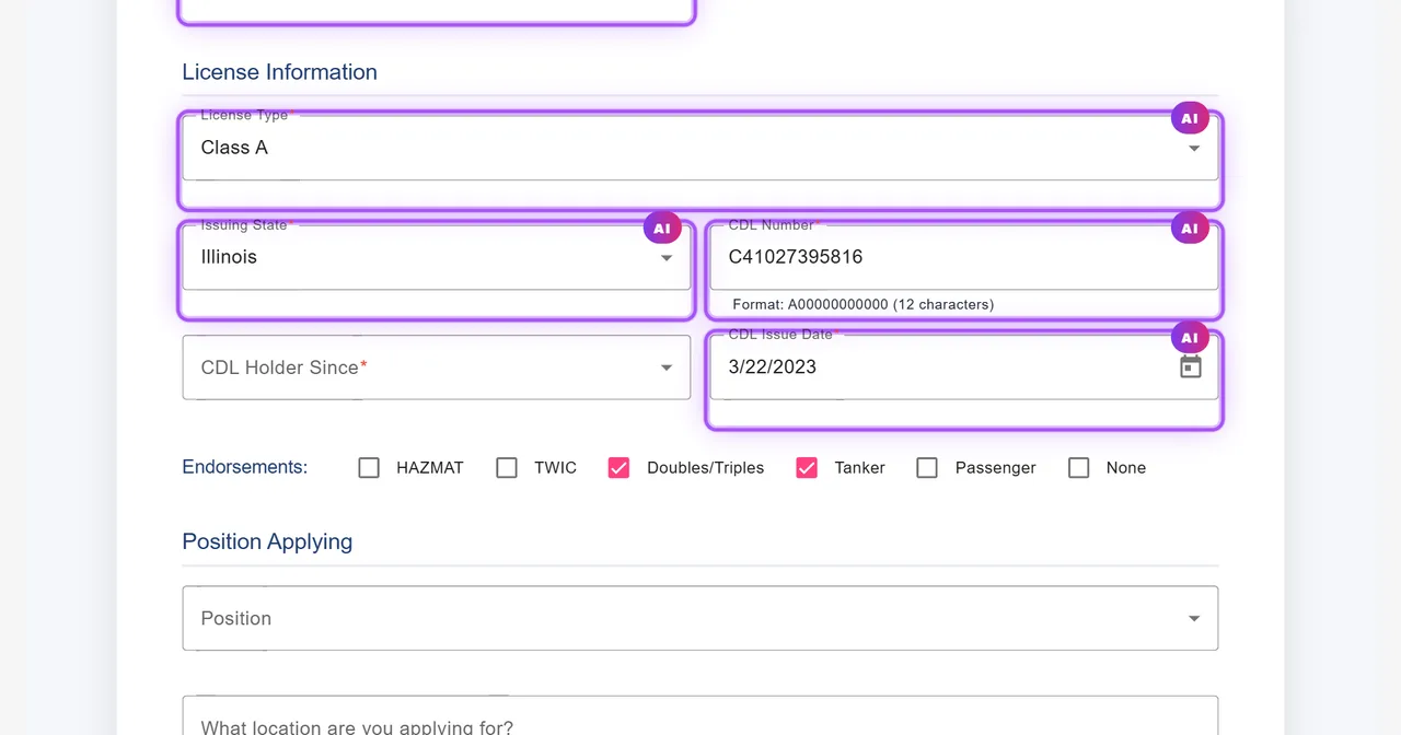 Driver application fields pre-filled from the CDL and highlighted