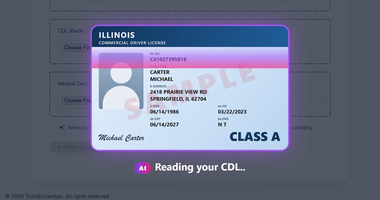 AI reading an uploaded sample CDL during the driver application