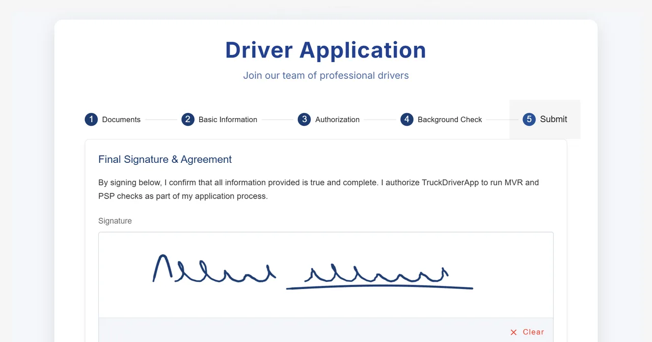 Driver signing the application electronically
